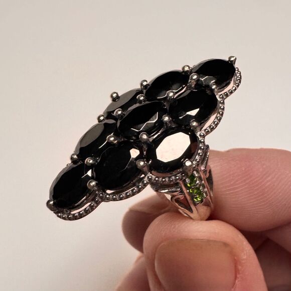 Vintage 925 Sterling Silver Black Spinel Cluster Ring STS Green Accents Sz 6.75 - Picture 6 of 9